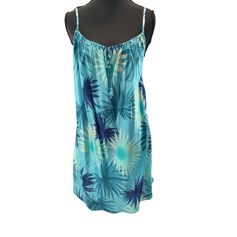 August Silk Chemise Nightgown Womens Medium Blue Tropical Palm Leaf 100% Silk
